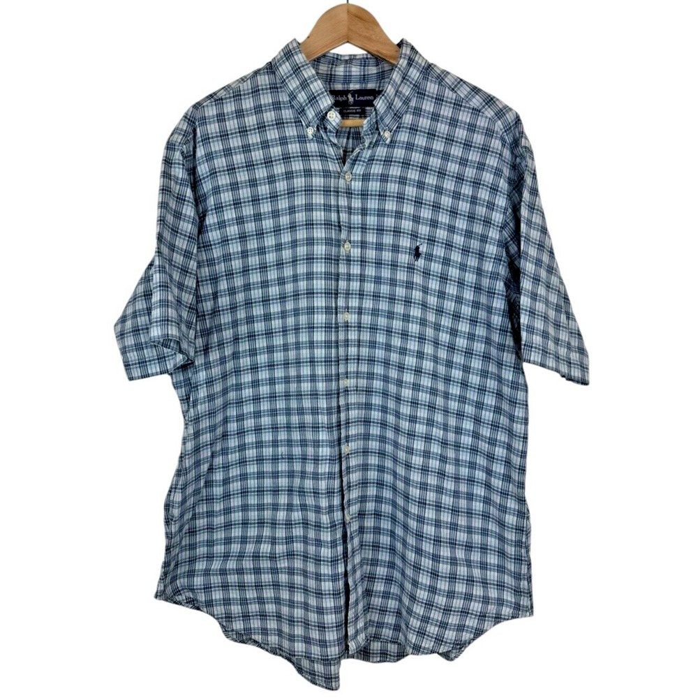 Ralph Lauren Classic Fit Shortsleeve Men's Size XL 100% Cotton Blue White Check - Picture 1 of 6